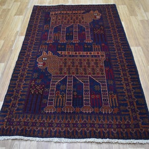 3x5 Pictorial Rug , Handmade Afghan Rug , Animal Antique Baluch Rug, Vintage Turkmen Tribal Area Rug, One of Most Beautiful Boho Rug Decor