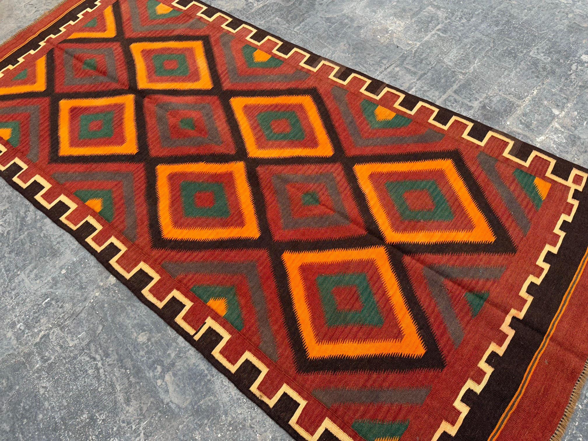 4x10 Afghan Kilim Rug – Vintage Turkmen Tribal Wool Runner, Handmade 4x10 Kilim in Rusty Red, Orange, Green & Brown, Boho Hallway Decor