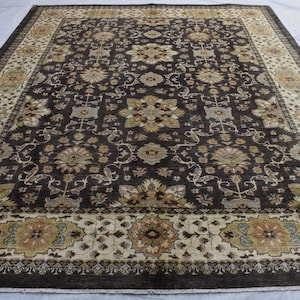 Area Rug 9x12 Soft Black Oriental Rug, Vintage Geometric Design Hand Knotted Wool Afghan Rug, Tribal Rug, Turkmen Rug, Rugs for Living Room