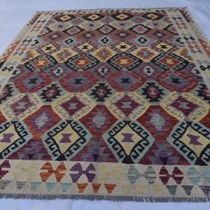 Handmade Afghan Kilim Rug 7x10 ft: Tribal Vintage Boho Geometric Wool Carpet image 1