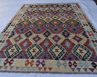 Handmade Afghan Kilim Rug 7x10 ft: Tribal Vintage Boho Geometric Wool Carpet