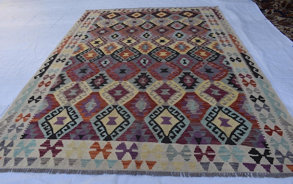 Handmade Afghan Kilim Rug 7x10 ft: Tribal Vintage Boho Geometric Wool Carpet