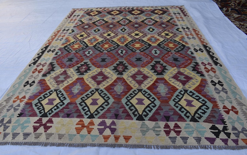 Handmade Afghan Kilim Rug 7x10 ft: Tribal Vintage Boho Geometric Wool Carpet image 1