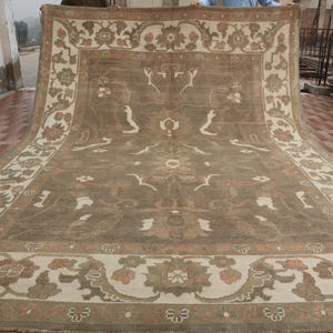 Handmade 9x12 Oushak Oriental rug, Muted Moss Green Afghan Hand Knotted Low Pile Wool Vintage Rug, Large Rugs for Living Room, Dining Table