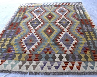 Handwoven Afghan Kilim Rug: 5x7 Red Geometric Wool Carpet