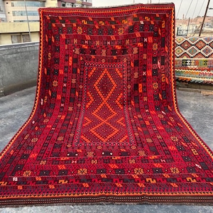 1960s Antique Afghan Kilim Rug 8x14 ft – Large Vintage Red Wool Turkmen Flatweave, Handmade Oriental Living Room Area Rug, Dining Table Rug
