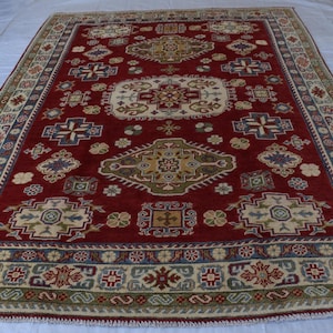 Handmade 5x7 Faded Red Kazak Rug, Afghan Hand Knotted Wool Tribal Medallion Carpet, Oriental Caucasian Area Rug for Living Room Bedroom