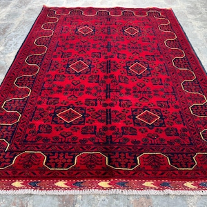 Tappeto afgano Bukhara, tappeto orientale rosso 3x5, tappeto turkmeno annodato a mano in lana, tappeto vintage a pelo alto, tappeto tribale, tappeto da cucina, tappeto da camera da letto