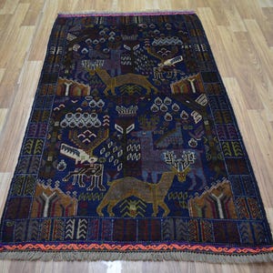 3x5 Rug , Vintage Rug , Pictorial Rug , Navy Blue Animals Birds Afghan Hand Knotted Veg Dyes Wool rug, Tribal area rug, Oriental rug Bedroom
