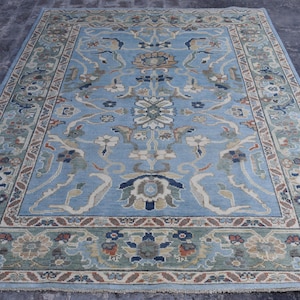 6 x 9 Oushak-tapijt blauw en groen etnisch overgangsneutraal vintage Afghaans oosters handgeknoopt wollen tapijt, vloerkleed voor woonkamer, slaapkamertapijt