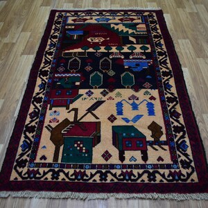 Antique Baluchi Rug Hand Knotted Pictorial Rug , 3x5 Vintage Rug , Beige Geometric Afghan Handmade Wool Rug, Bedroom Rug, Living area rug