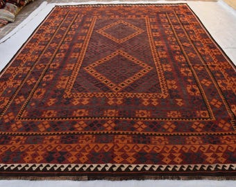 7'6x15'0 ft ヴィンテージキリムラグ、バーガンディオレンジアフガン
