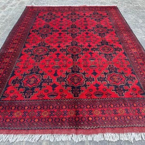 6x8 Ft Tribal Red Bukhara Rug – Afghan Handmade High Pile Soft Wool Carpet – Oriental Area Rug for Bedroom, Office – Turkmen Rug