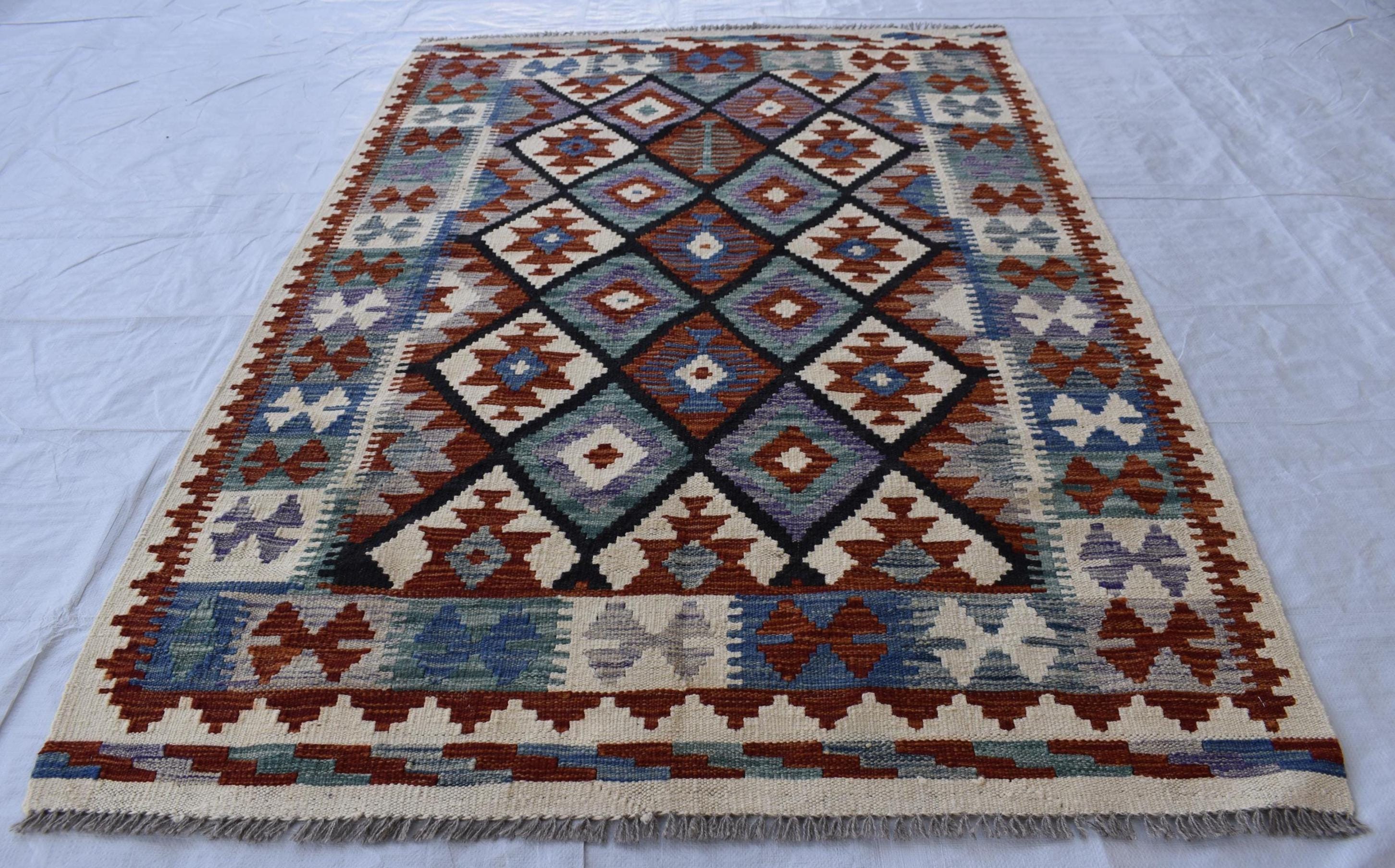 5x7 ヴィンテージ アフガン キリム ラグ：レッドベージュ 幾何学模様