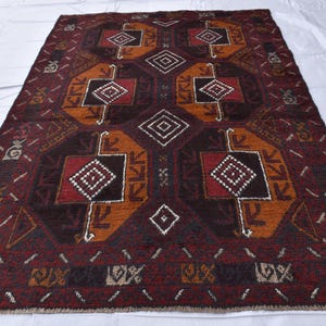 1960s Antique Baluch Rug 4x6 Ft - Red Afghan Vintage Wool Carpet - Tribal Geometric Handmade Rug - Caucasian Oriental Bedroom Area Rug