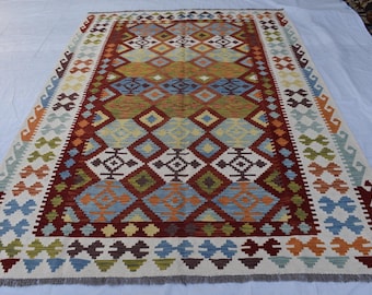 Hand-Knotted Wool Afghan Kilim Rug: 7x10 Tribal Flatweave Living Room Carepet