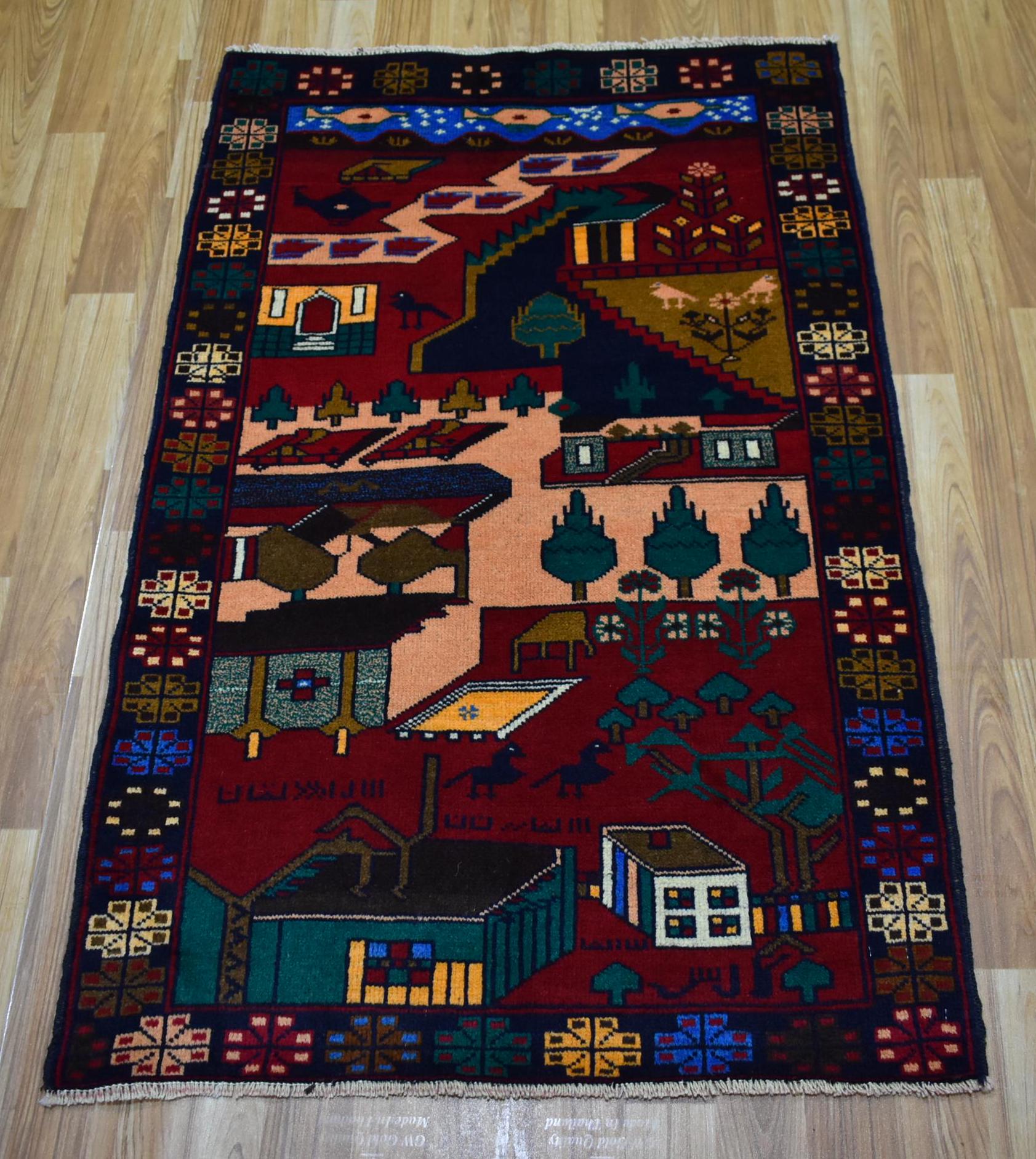 ヴィンテージ アフガン ピクトリアル ラグ 3x4：手織りウール、レッド