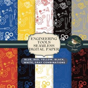 Könnte beinhalten: Sechs digitale Papierdesigns mit einem nahtlosen Muster aus Werkzeug für Ingenieure in Blau, Rot, Gelb, Schwarz, Weiß und Grau. Die Werkzeuge umfassen Zahnräder, Schraubenschlüssel, Schraubendreher und Lineale. Der Text "ENGINEERING TOOLS SEAMLESS DIGITAL PAPER" wird in einem braunen Banner angezeigt.