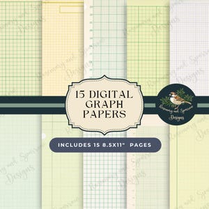 Puede incluir: Una descarga digital de 15 páginas de papel cuadriculado, cada una mide 8,5 por 11 pulgadas. Las páginas son de color verde claro con un patrón de cuadrícula en verde oscuro. El texto "15 DIGITAL GRAPH PAPERS" está en un rectángulo marrón con un borde blanco. El texto "INCLUDES 15 8.5X11" PAGES" está debajo del rectángulo.