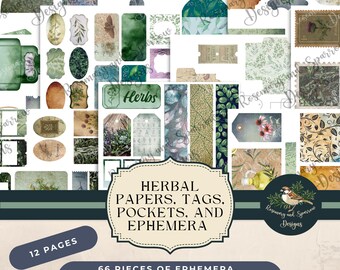 Kräuterpapiere, Tags, Taschen, und Ephemera | 12 Digital Download Seiten | Druckbares botanisches Junk Journal | Papercraft Kraut Vintage Stil