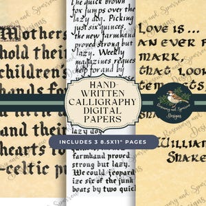 Pode incluir: Três fundos de papel digital com caligrafia manuscrita em tinta preta sobre um fundo de pergaminho. O texto inclui citações e frases como "As mães seguram as mãos de seus filhos por um tempo, mas seus corações para sempre." e "O amor é... uma marca sempre presente, que olha para as tempestades e se senta.
