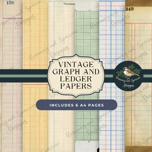 Vintage grafiek- en grootboekpapier | 6 afdrukbare digitale downloads met textuur | Voorraad ongewenste tijdschriften | Collage Papercraft | Antieke plakboekpagina