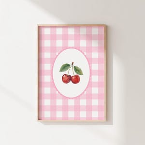 Bright Pink Cherry Gingham Wall Art Print, Girly Room Decor (Digital Download) 1-42