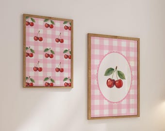 Bright Pink Gingham Cherry Print Set of 2, Girly Room Decor (Digital Download) 2-13