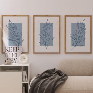 Minimalist Botanical Wall Art Set of 3, Blue Abstract Leaf Line Art Prints, Modern Scandinavian, Neutral Boho Home Decor, DIGITAL DOWNLOAD