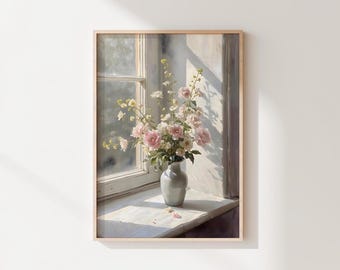 Flores de primavera vintage en un jarrón, bodegón floral junto a una ventana (descarga digital) 1-20
