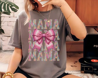 Coquette Bow Mama Shirt Pastel Brushstroke Design Tee for Mama Grandma Gift Idea Pink Bow Shirt for Women New Mom Gift Birthday Gift for Mom