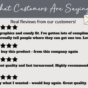 以下が含まれることがあります： What Customers Are Saying...およびReal Reviews from our customers!というテキストと封筒のアイコンが描かれたカスタマーレビューの画像。4つの肯定的な顧客の声の上に、それぞれ5つの黒い星が4セット表示されています。