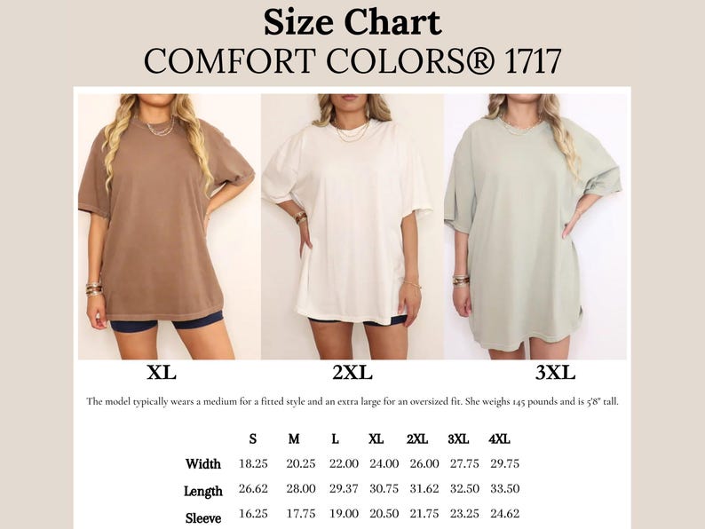 以下が含まれることがあります： Comfort Colors 1717 Tシャツのサイズチャート。ブラウン、ホワイト、ライトグリーンのTシャツを着用した3人のモデルがXL、2XL、3XLサイズで並んでいます。Sから4XLまでの幅、丈、袖の測定値がインチ単位で記載された表が含まれています。