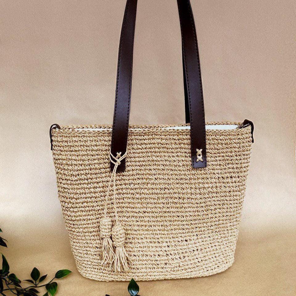 Chic Large Bag Straw Tote with Straps Leather Boho main image 1