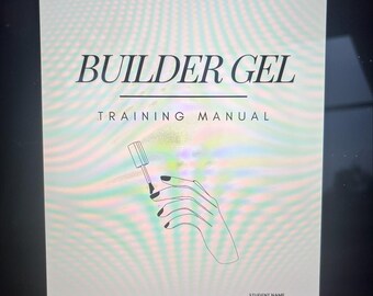 Pode incluir: Um manual de treinamento para gel de construção com uma mão segurando uma garrafa de esmalte em gel. O título do manual é "Builder Gel Training Manual".