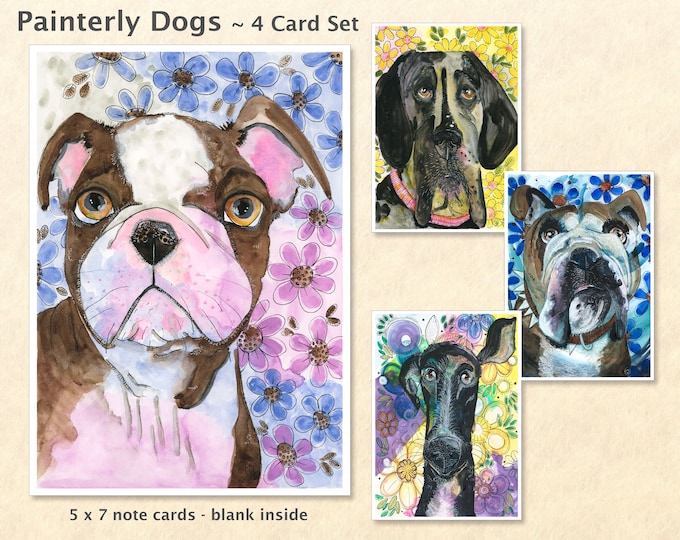 Painterly Dogs - Singles or Four Card Set - Bulldog Mastiff Greyhound Frenchton Boston Terrier French Bulldog