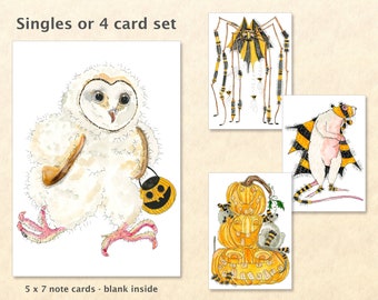 Halloween Cards Singles or 4 Card Set Owl Spider Rat Jack-o-Lantern Pumpkin Costumes Trick or Treat