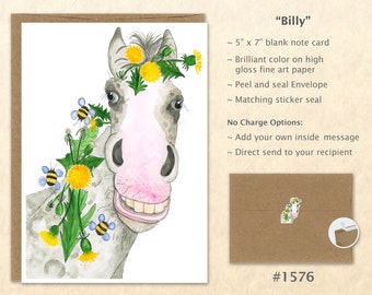 Horse and Bees Note Card Farm Animals Card Cute Animal Card Dandelions Customizable Blank Note Card Art Card Greeting Card