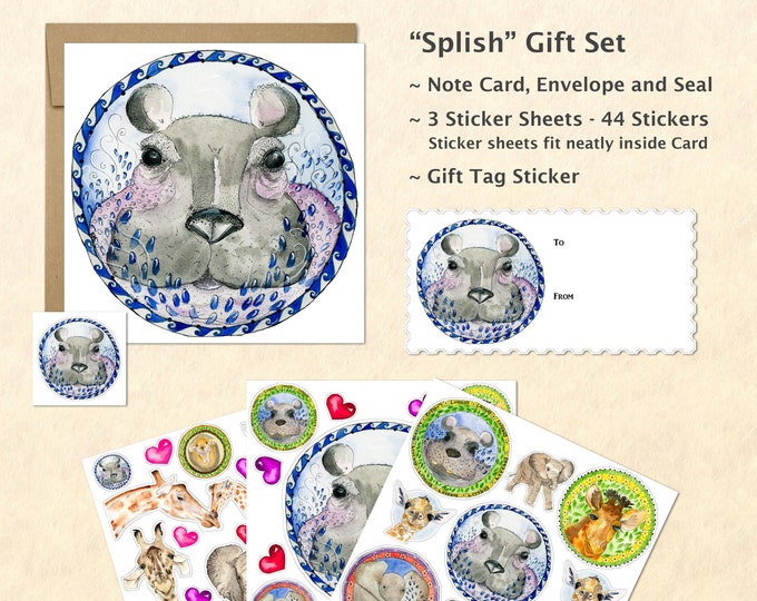Cute Baby Animals Card and Stickers Gift Set Hippo Elephant Giraffe Hedgehog Cute Animal Sticker Fun Kids Gift Watercolor Art