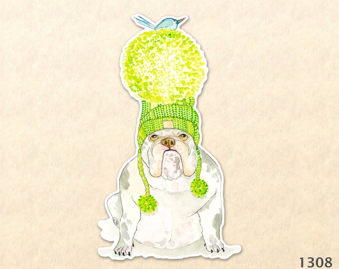 Bulldog and Bluebird Sticker Dog in a Green Pompom Hat Sticker Cute Dog Sticker Water Bottle Sticker Scrapbook Sticker Macbook Decal