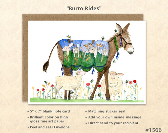 Treating the Little Lambs to Burro Rides Note Card Donkey Sheep Customizable Blank Note Card Watercolor Art Card Greeting Card