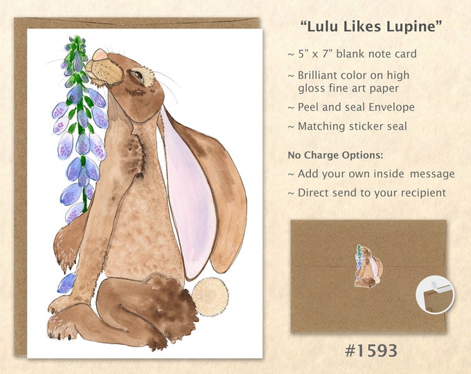 Rabbit and Lupine Note Card Bunny Card Hare Card Lupine Flower Card Cute Animal Card Customizable Blank Note Card Art Card Greeting Card