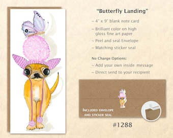 Butterfly Landing on Chihuahua's Pom Pom Hat Card Silly Dog Card Customizable Blank Note Card Watercolor Art Greeting Card
