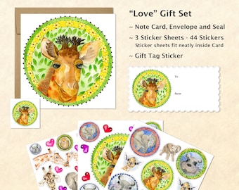 Cute Baby Animals Card and Stickers Gift Set Giraffe Hippo Elephant Hedgehog Cute Animal Stickers Fun Kids Gift Watercolor Art