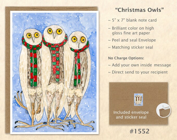 Christmas Owls Note Card Xmas Card Owl Holiday Card Customizable Blank Note Card Watercolor Art Card Greeting Card