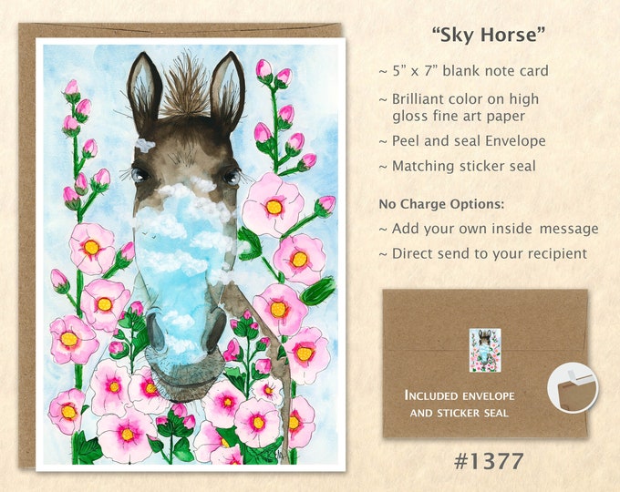 Sky Horse with Hibiscus Flowers Note Card Flower Card Blank Note Card Art Cards Greeting Cards Watercolor Cards