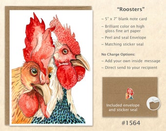 Roosters Note Card Chicken Card Fowl Card Farm Animals Blank Note Card Watercolor Art Card Greeting Card