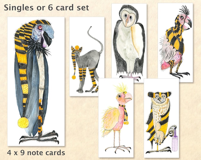 Halloween Cards Singles or 6 Card Set 4 x 9 Black Cat Owl Buzzard Vulture Parrot Costumes Trick or Treat