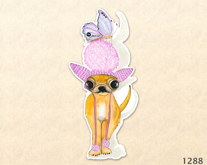 Butterfly Landing on Chihuahua's Pom Pom Hat Silly Dog Sticker Water Bottle Sticker Scrapbook Sticker Laptop Decal Watercolor Art Sticker