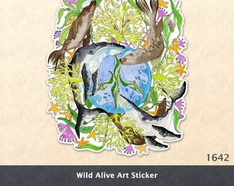 Whales and Seals and Peace Sign Sticker Eco Sticker Sea Life Water Bottle Sticker Scrapbook Sticker Laptop Decal Watercolor Art Sticker